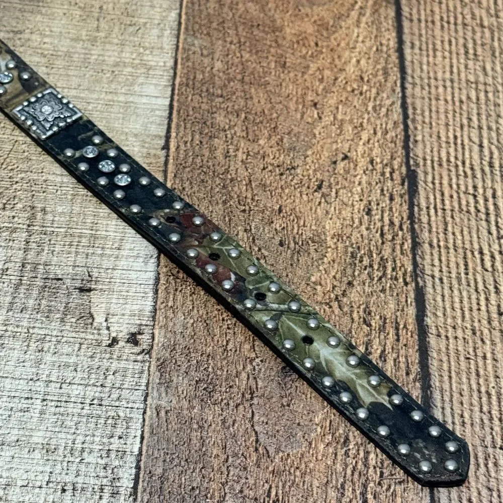Nocona Rhinestone Studded Camo Dog Collar Heavy‎ Duty Genuine Leather Size L